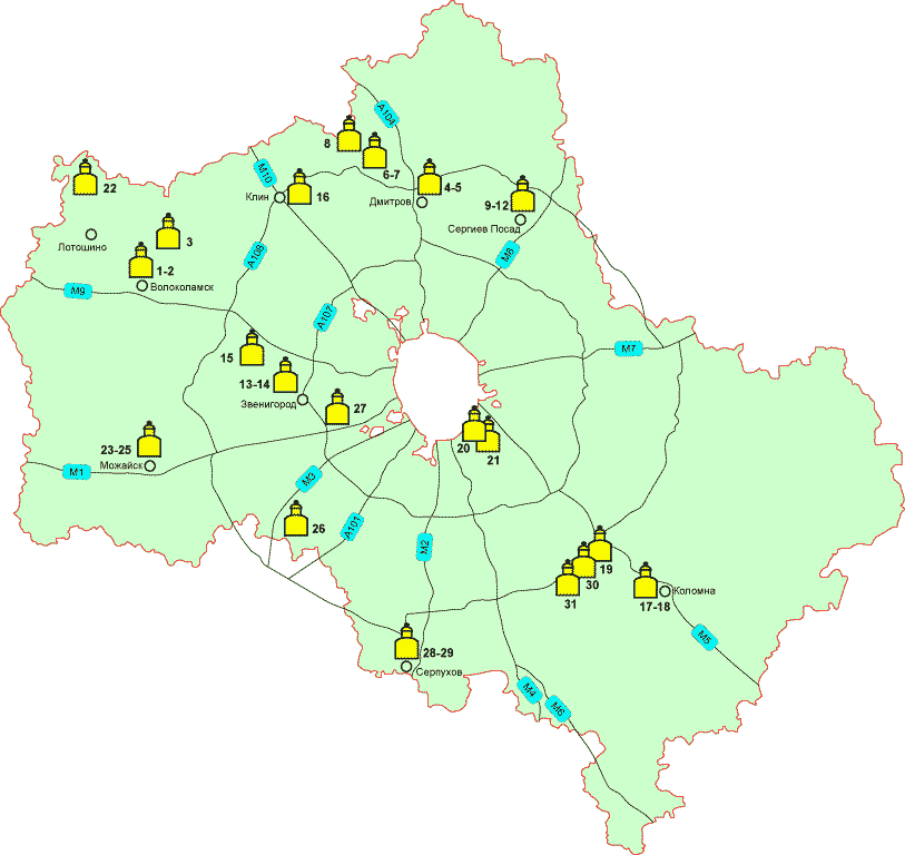 Карта древних храмов Московской области